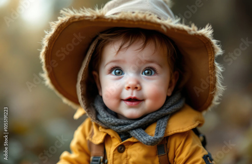 Cute baby boy wearing a brown hat