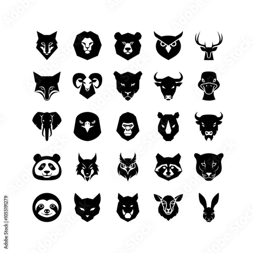 Simple Animal Head Silhouette Graphic Set. Including Wolf, Lion, Bear, Owl, Deer, Fox, Ram, Panther, Jaguar, Buffalo, Bull, Duck, Elephant, Hawk, Gorilla, Rhino, Panda, Vector Illustration Mascot.