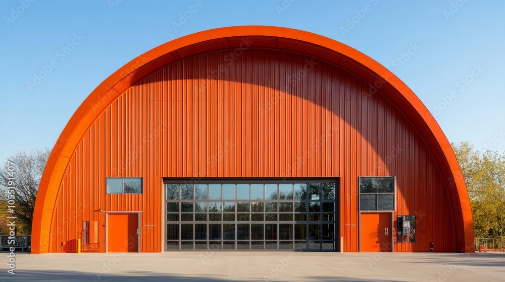Modern Arched Building: A striking contemporary building with a distinctive arched design, featuring a vibrant orange facade and large garage doors. Modern Arched Building: A striking contemporary building with a distinctive arched design, featuring a vibrant orange facade and large garage doors.