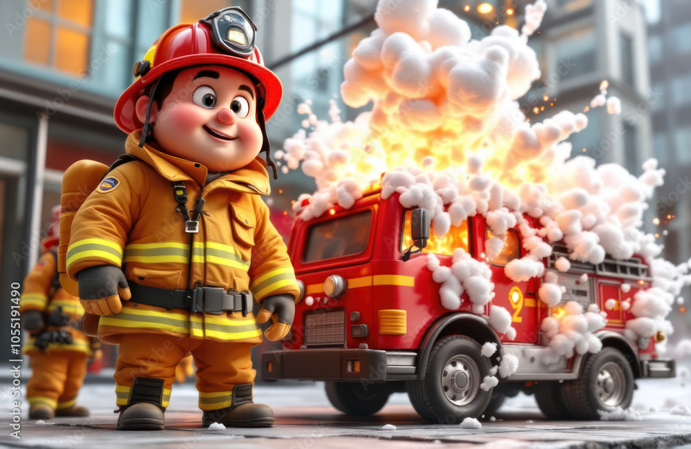 Firefighter and firetruck with foam explosion Firefighter and firetruck with foam explosion