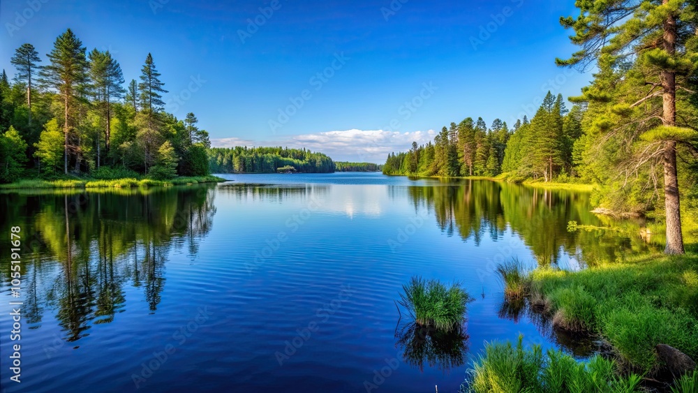 Scenic view of Lake Itasca surrounded by lush green trees and clear blue sky, Itasca State Park, Minnesota, nature Scenic view of Lake Itasca surrounded by lush green trees and clear blue sky, Itasca State Park, Minnesota, nature