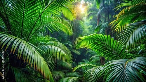 Dark green leaves of rainforest palm tree, vibrant tropical foliage plant in lush jungle setting , jungle, rainforest, palm tree