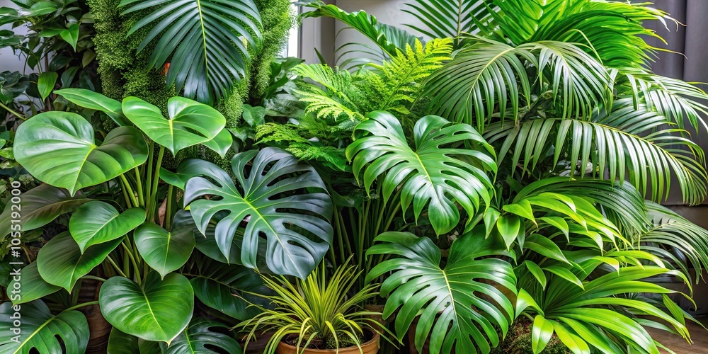 Tropical foliage plant bush arrangement with Monstera, palm leaves, ferns, and more in an indoor garden setting, tropical Tropical foliage plant bush arrangement with Monstera, palm leaves, ferns, and more in an indoor garden setting, tropical