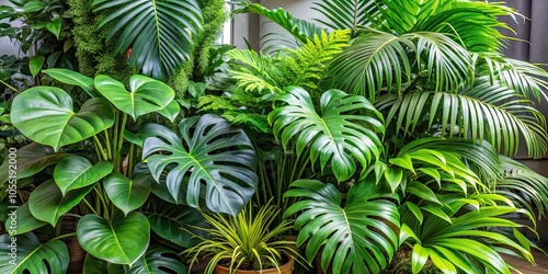 Tropical foliage plant bush arrangement with Monstera, palm leaves, ferns, and more in an indoor garden setting, tropical