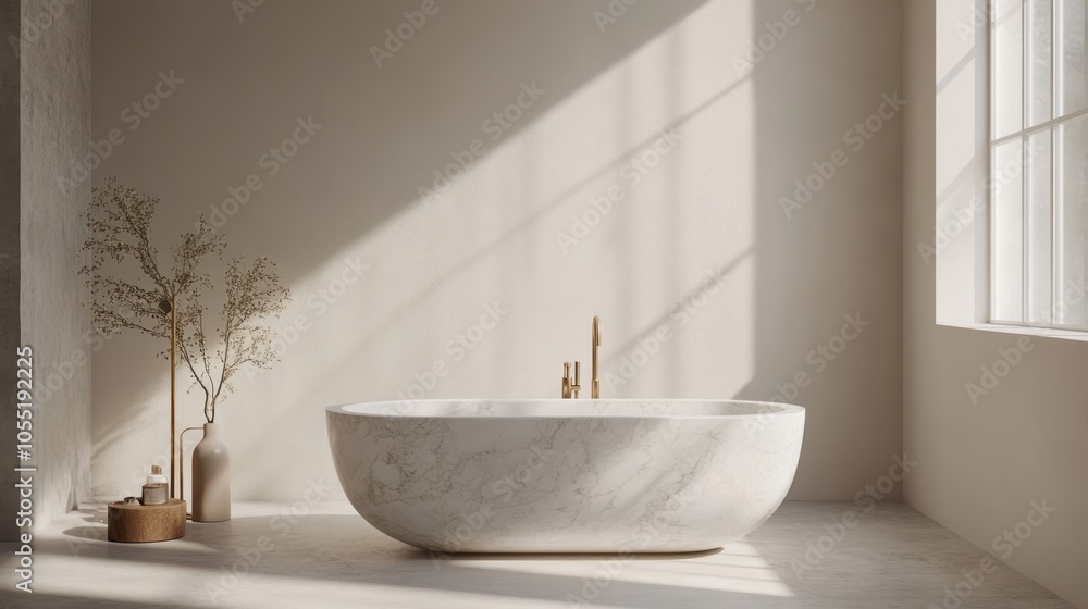 A serene bathroom with a freestanding marble tub, brass fixtures, and minimalist decor that embodies quiet luxury and relaxation A serene bathroom with a freestanding marble tub, brass fixtures, and minimalist decor that embodies quiet luxury and relaxation