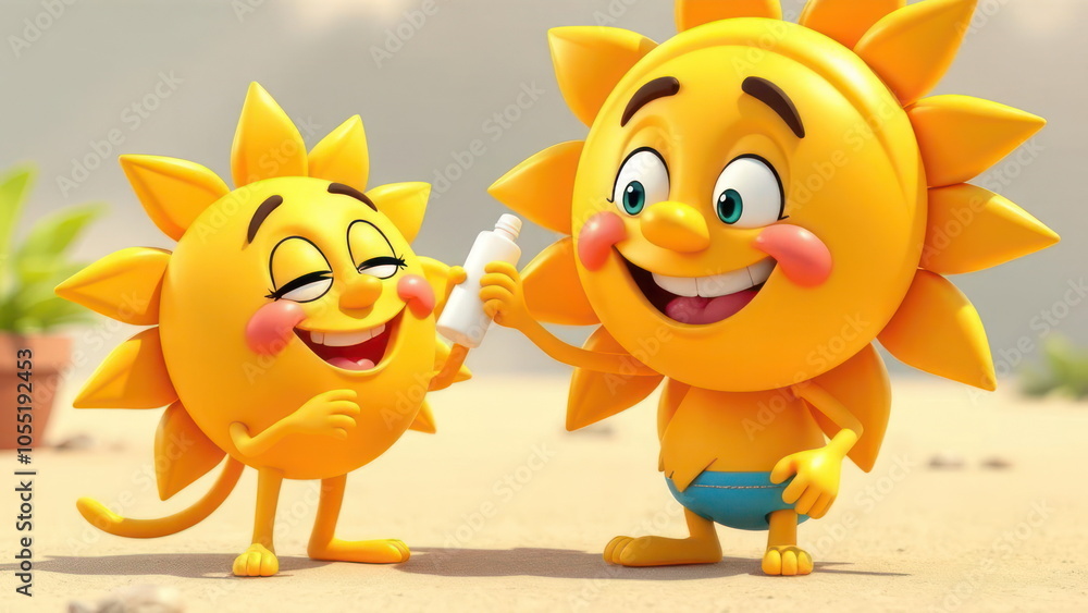 Two Smiling Sun Characters on Beach Two Smiling Sun Characters on Beach