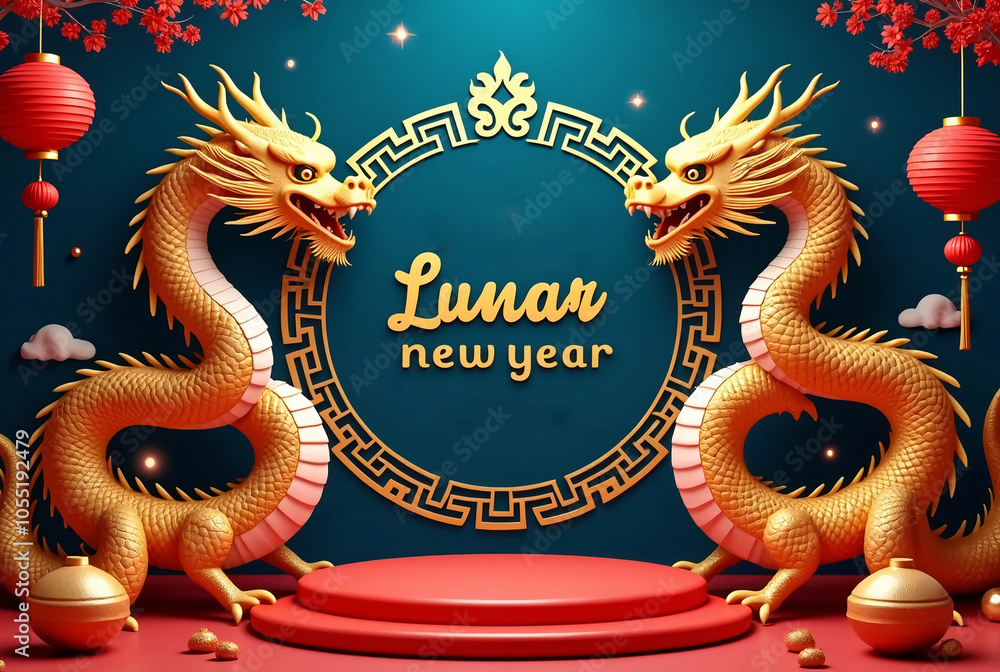 Obraz premium Luxury greeting card with golden hand drawn Asian dragon as a symbol of 2025 New Year. Dragon as Chinese traditional horoscope sign on red gradient