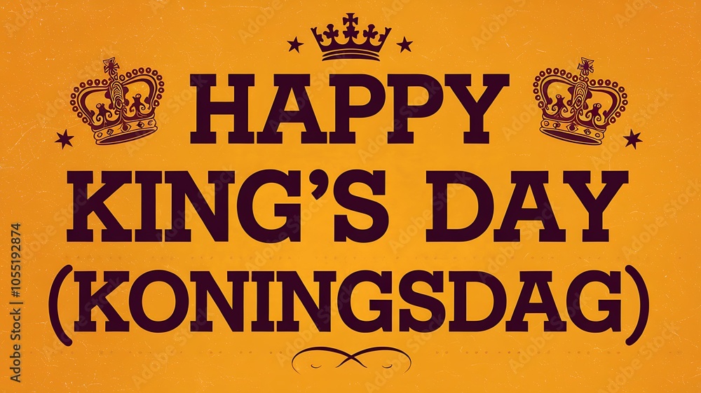 Naklejka premium Happy King's Day (Koningsdag) with Crowns and Stars on Orange Background