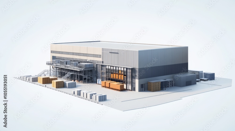 Side view of a multi-level industrial hangar warehouse with a flat roof and large loading bays. Side view of a multi-level industrial hangar warehouse with a flat roof and large loading bays.
