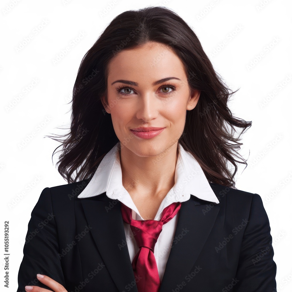 Businesswoman in a formal outfit using a mobile phone application, pointing at the smartphone screen with a focused expression, isolated over a white background Businesswoman in a formal outfit using a mobile phone application, pointing at the smartphone screen with a focused expression, isolated over a white background