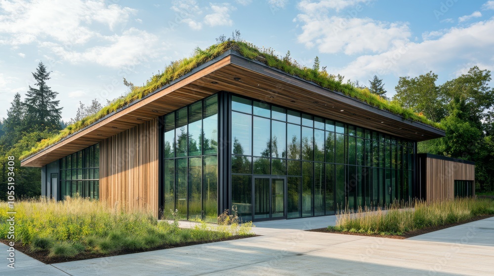 Modern Green Architecture: A stunning, contemporary building with a green roof and large windows, showcasing a harmonious blend of nature and modern design. Modern Green Architecture: A stunning, contemporary building with a green roof and large windows, showcasing a harmonious blend of nature and modern design.