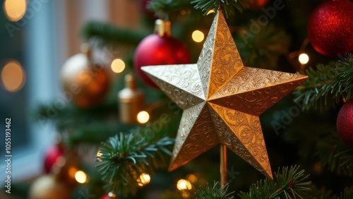 A golden star ornament with intricate swirls decorates a lush Christmas tree, surrounded by sparkling lights and colorful baubles in a festive setting.