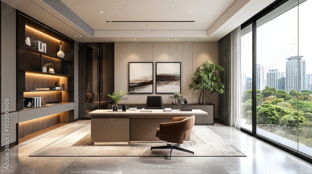 A spacious home office with clean lines, elegant furniture, and subtle luxury elements that foster both calm and productivity A spacious home office with clean lines, elegant furniture, and subtle luxury elements that foster both calm and productivity
