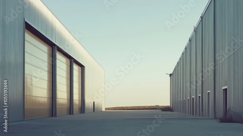 Valokuva Side view of an industrial hangar with brass walls, a durable silver frame, and tall reinforced doors, set against a clear sky