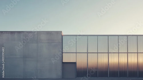 Obraz na plátně Side view of an industrial hangar with brass walls, a durable silver frame, and tall reinforced doors, set against a clear sky