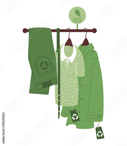 Sustainable Fashion shopping. Eco-conscious attire on hangers trouser, belt, blouse and coat. Appreciate recycled clothing concept. Advocacy for eco-friendly apparel. Vector illustration in flat style