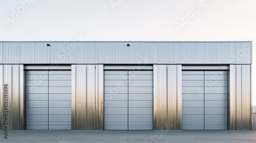 Modern Industrial Building: A sleek and contemporary industrial building with three large garage doors, showcasing a minimalist and functional design aesthetic.