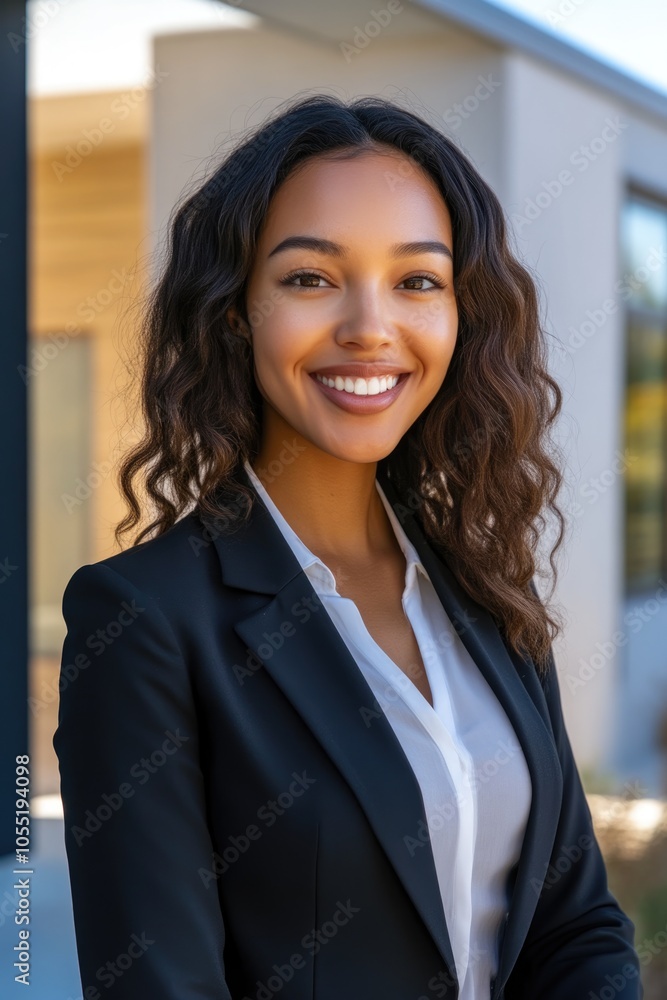 Cheerful Female Realtor with Bright Smile Against Contemporary House