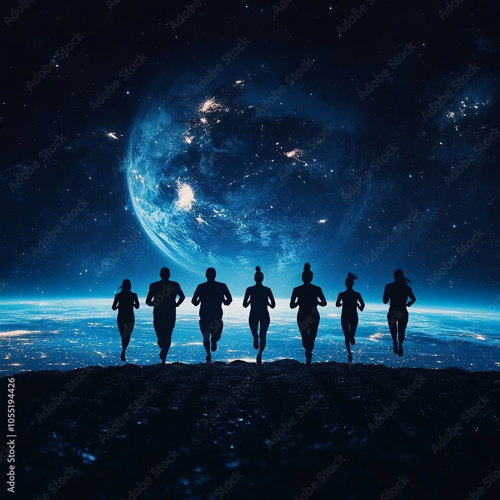 Obraz premium a group of runners silhouetted looking at earth