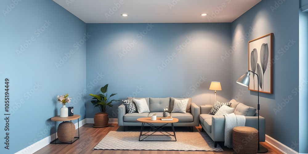 A living room with a blue wall and a white couch A living room with a blue wall and a white couch
