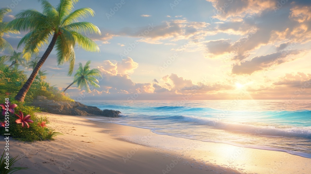 Fototapeta premium Vibrant Beach Scene with Bright Tropical Elements