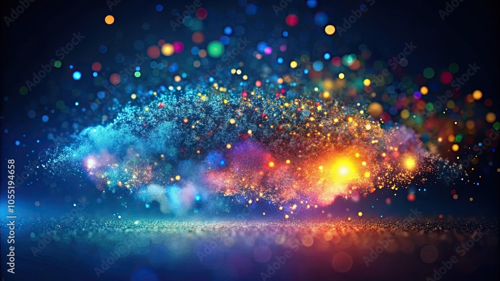 Colorful particle cloud on dark blue background with glowing bokeh light effects , particles, multicolored Colorful particle cloud on dark blue background with glowing bokeh light effects , particles, multicolored