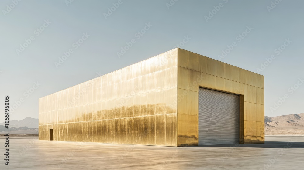 Golden Desert Pavilion: A minimalist architectural marvel gleams under the desert sun. Golden Desert Pavilion: A minimalist architectural marvel gleams under the desert sun.