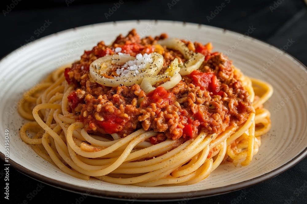 A photo of cooked spaghetti bolognese with black pepper and salt on a plate A photo of cooked spaghetti bolognese with black pepper and salt on a plate