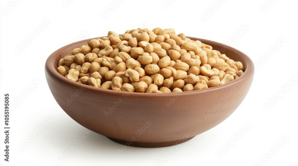 A brown bowl filled with shelled peanuts isolated on a white background. A brown bowl filled with shelled peanuts isolated on a white background.