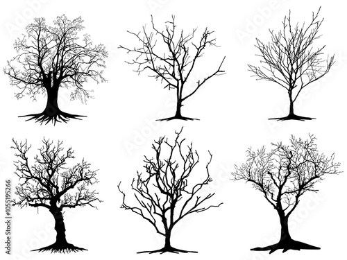 Black Branch Tree and root or Naked trees silhouettes set. Hand drawn isolated illustrations.