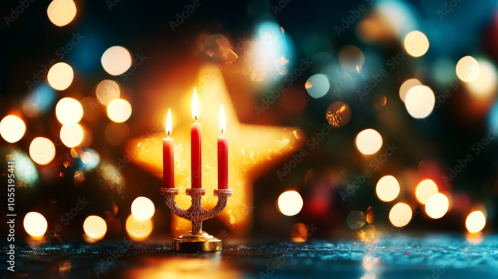 Menorah glowing with a Christmas star in the background, peaceful holiday scene Menorah glowing with a Christmas star in the background, peaceful holiday scene