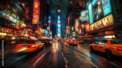 A bustling city street at night with tall buildings and bright lights, traffic moving through the street.