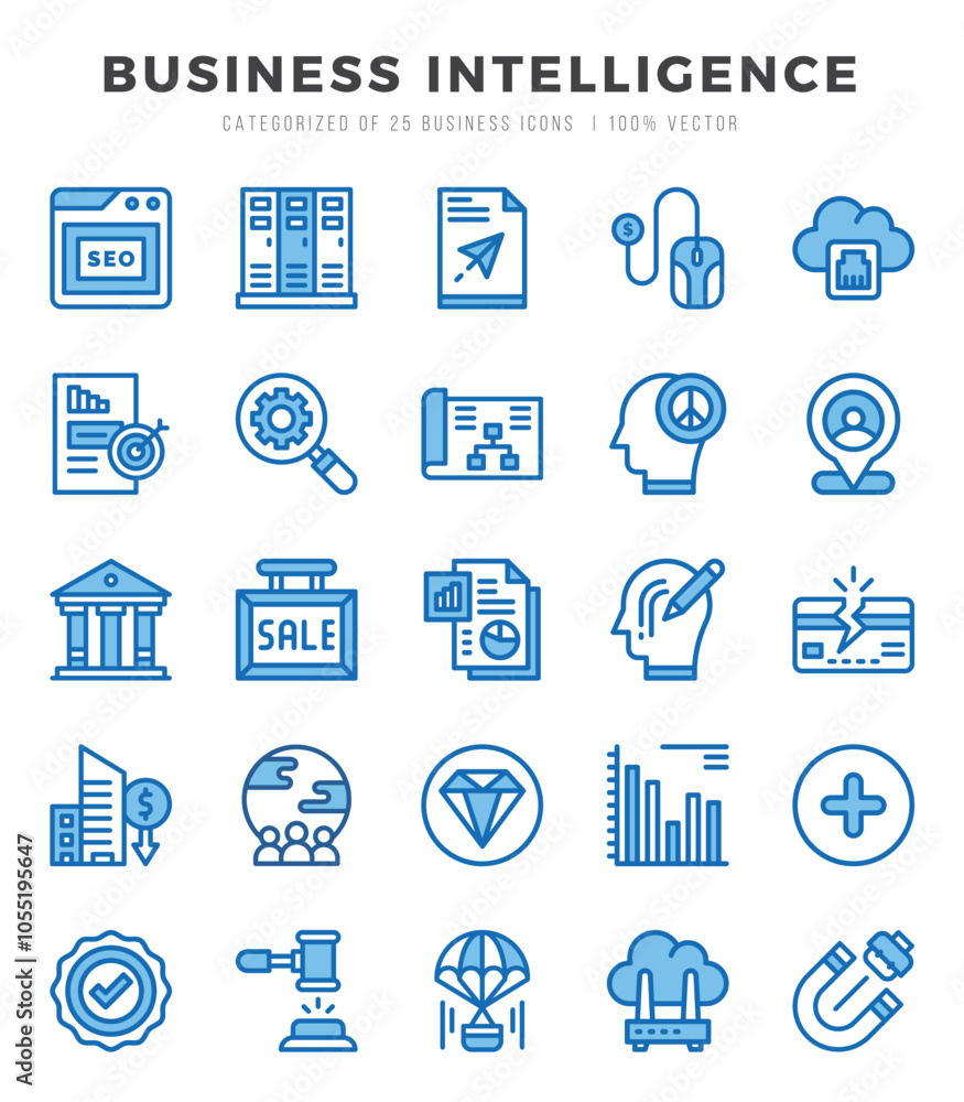 Set of Business Intelligence Icons Two Color icons collection. Set of Business Intelligence Icons Two Color icons collection.