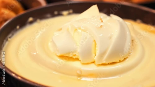 Close-up of creamy butter swirl in a brown ceramic bowl photo