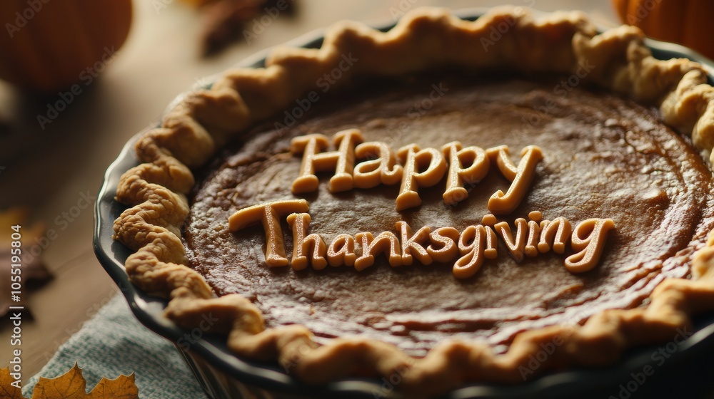 Pumpkin pie with Happy Thanksgiving text Pumpkin pie with Happy Thanksgiving text