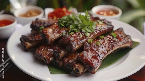 Tender Barbecue Ribs Served with Fresh Herbs and Sauces