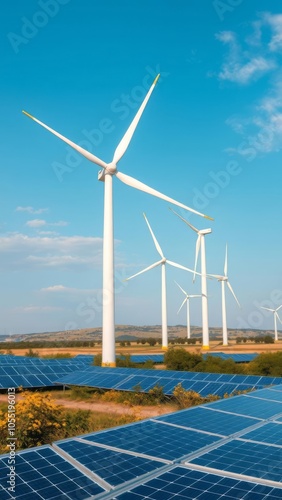 Wind turbine energy generaters on wind farm solar panel Ultra realistic Photorealistic  photo