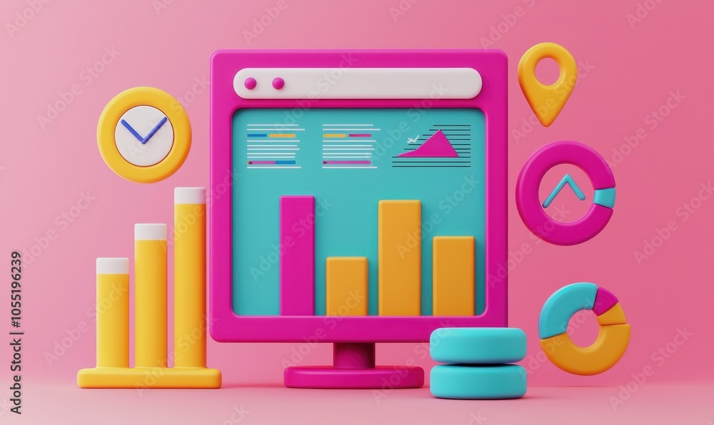 A colorful 3D illustration of a computer screen displaying bar graphs and various analytical icons, set against a pink background.