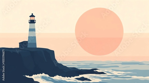 Lighthouse at sunset, serene coastal view photo