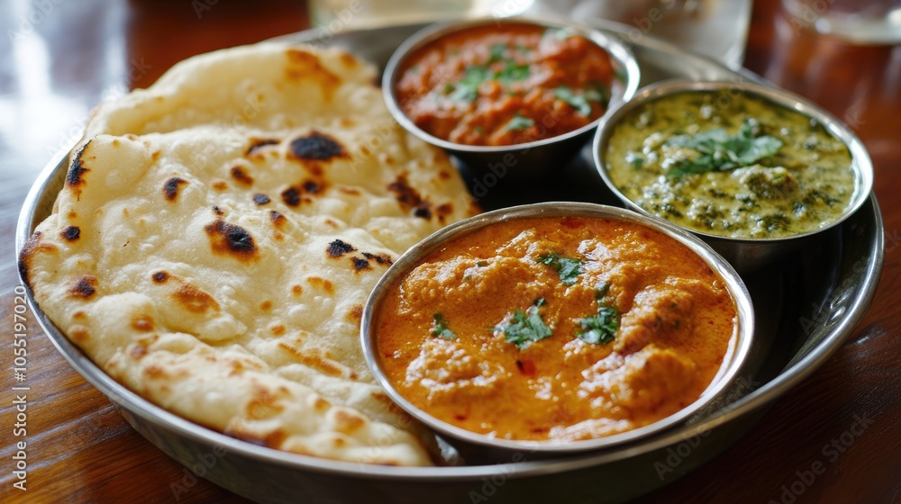 Indian Food Thali with Naan Bread, Curry, and Saag Paneer Indian Food Thali with Naan Bread, Curry, and Saag Paneer