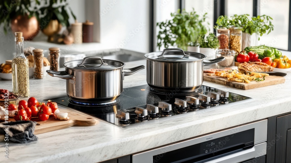 Modern Kitchen with Stainless Steel Pots on Marble Countertop Modern Kitchen with Stainless Steel Pots on Marble Countertop
