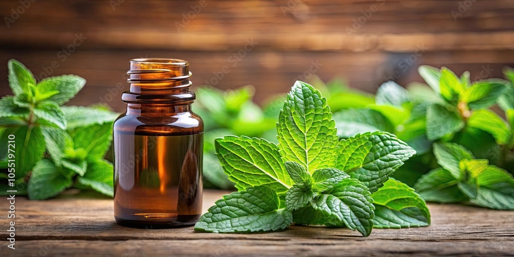 Brown glass bottle of mint essential oil with fresh mint plant, aromatherapy, herbal medicine, natural remedy Brown glass bottle of mint essential oil with fresh mint plant, aromatherapy, herbal medicine, natural remedy