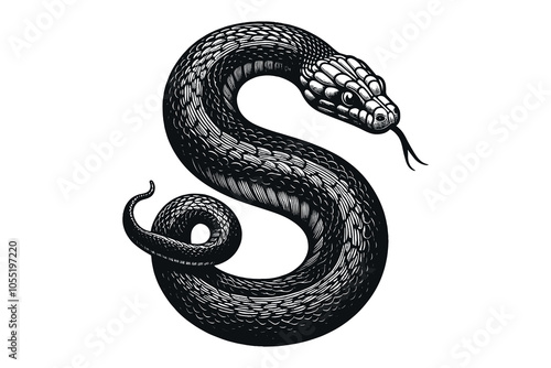 Snake in the shape of the letter S. Vintage vector engraving illustration, emblem, sign. Black print, tattoo sketch