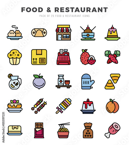 Set of 25 Food and Restaurant Lineal Color Icons Pack.