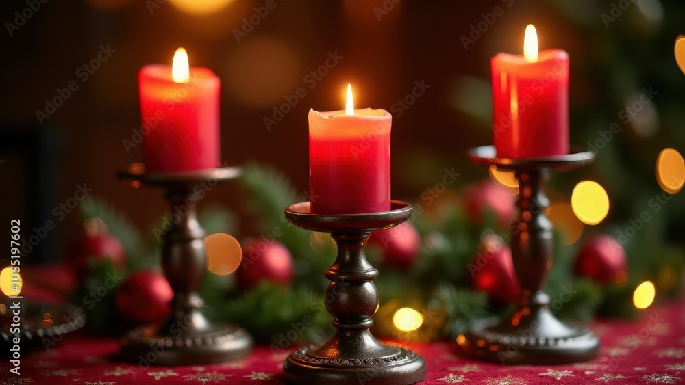 Festive table with red candles, elegant glassware, and a blurred Christmas tree in the background, creating a warm, cozy holiday ambiance. Festive table with red candles, elegant glassware, and a blurred Christmas tree in the background, creating a warm, cozy holiday ambiance.