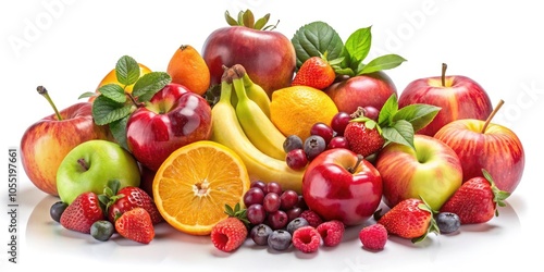 Vintage Style Photography of Isolated Fresh Fruits on Transparent and White Background, Perfect for Culinary and Health Themes, Featuring Apples, Oranges, Berries, and Tropical Fruits