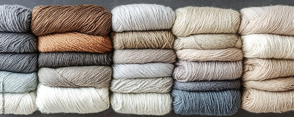 A neatly arranged collection of yarn skeins in various neutral tones. A neatly arranged collection of yarn skeins in various neutral tones.
