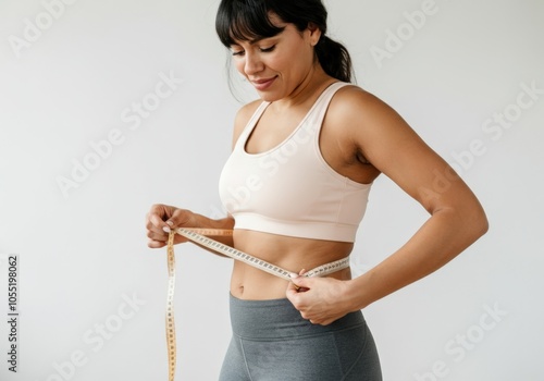Sportswoman measuring her waistline with a tape measure after fitness training, checking weight loss progress