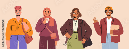 A diverse group of students illustrated in a modern, flat style. Cute characters in modern outfits set. 