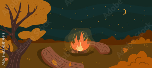 Night camping site with bonfire landscape banner illustration